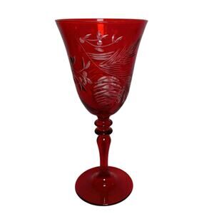 Williams Sonoma Pinecone Red Etched Glass Wine Glass RETIRED